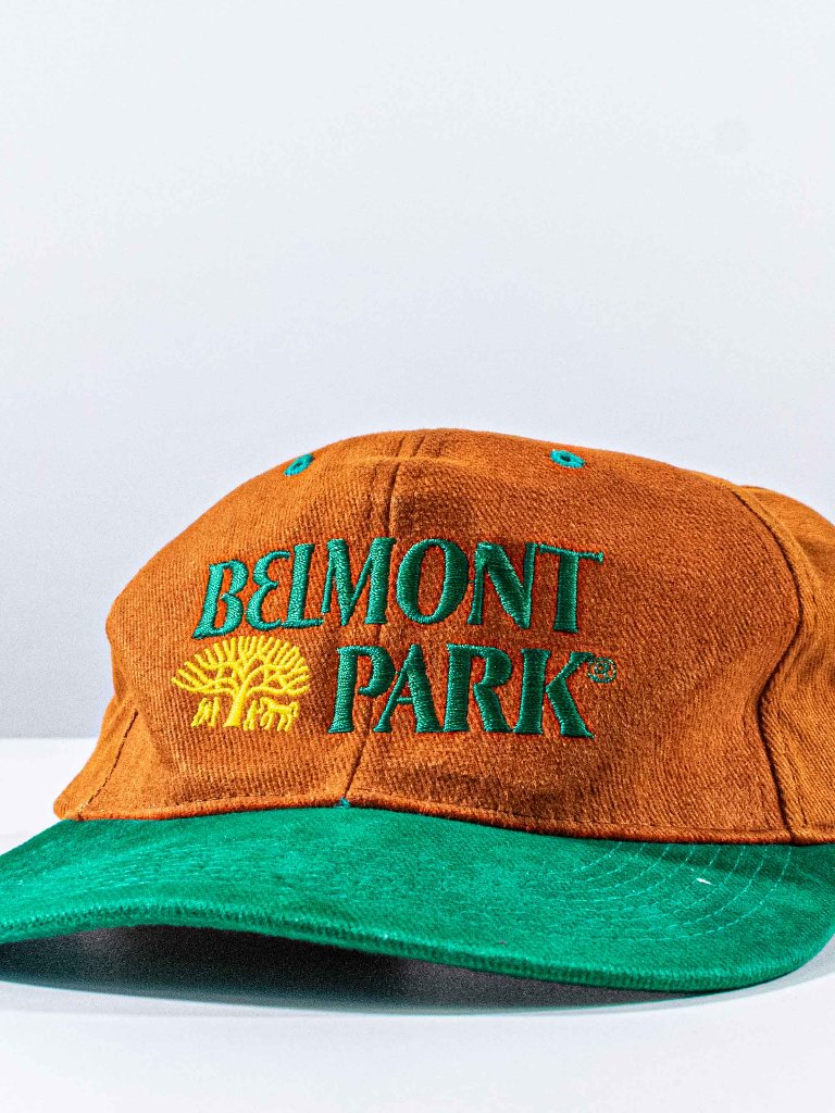 Vintage 90s Belmont Park Horse Racing Snapback Hat Orange Green Thoroughbred